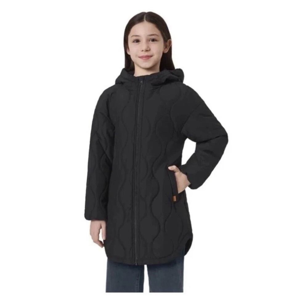 Mondetta Girls Quilted Jacket Black Wind Water Resistant Curved Hem Medium 10/12